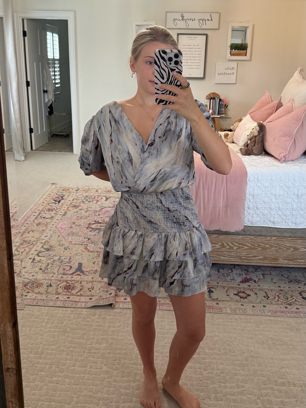 Amanda Uprichard Marble-Print Ruffle Mini Dress in Light Gray and White